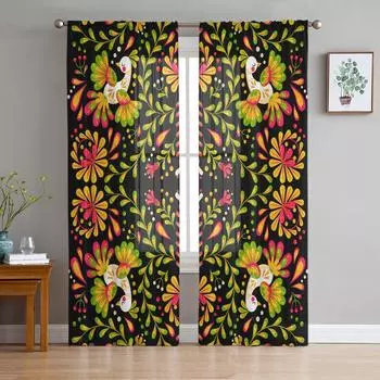 Mexican Geometric Flower Birds Voile Sheer Curtains Living Room Window Chiffon Tulle Curtain Kitchen Bedroom Drapes Home Decor 135W x 114H(cm)