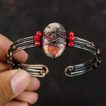 Браслет из мексиканской лагуны с кружевным агатом и медью, красные коралловые бусины, манжета, обмотанная медной проволокой, регулируемый браслет, обмотанный проволокой, браслет ручной работы