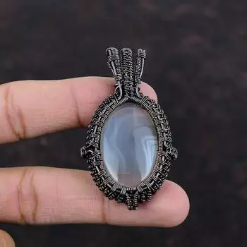 Mexican Laguna Lace Agate Pendant Copper Wire Wrapped Pendant Handmade Gemstone Jewelry Copper Wire Jewelry Amazing Pendant Engagement Gifts