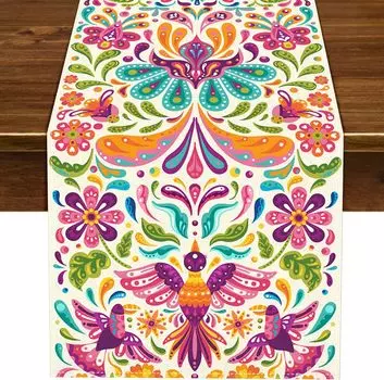 Mexican Otomi Linen Table Runner Mexico Cinco De Mayo Fiesta Party Decor Dia De Los Muertos Home Kitchen Dining Table Decoration 150x33cm 59x13inch