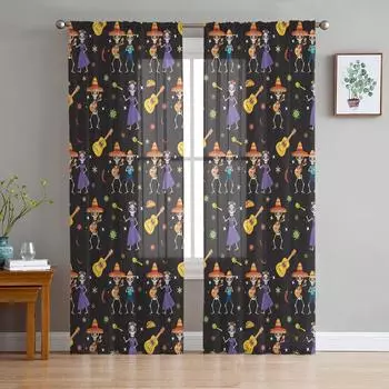 Мексиканский череп шифон прозрачные шторы для гостиной спальни украшение дома окна вуаль тюль занавески драпировки W135 x H114cm