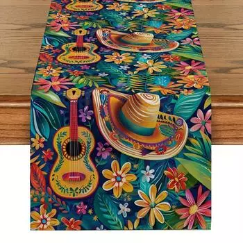 Mexican Style Colorful Printed Linen Table Runners Band Cactus Plant Flower Straw Hat Pattern Table Runner Day Of The Dead decor 150x33cm 59x13inch