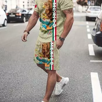 Mexico Eagle 2 шт. Модные наряды для мужчин, повседневная футболка с круглым вырезом с коротким рукавом и шорты на шнурке для лета, мужская одежда для тренировок на отдыхе S