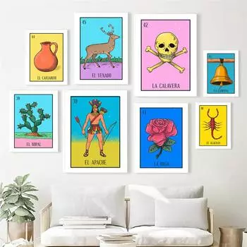 Мексиканская лотерея, мультяшная картина на холсте, роза, нопал, колокольчик, олень, охотник, череп, плакат и принт, настенные художественные фотографии, музейный декор для учебы 21x30cm No Framed
