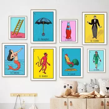 Мексиканская лотерея Плакат и печать Parguas Escalera Botella Gallo Картина на холсте Мультфильм Смешные настенные художественные картины Домашний декор 21x30cm No Framed