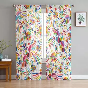 Мексиканская вышивка Современные шторы для гостиной Прозрачные тюльные шторы Оконные прозрачные шторы для спальни Аксессуары Декор W135 x H114cm