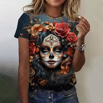 Мексиканская женская футболка «День мертвых» с 3D принтом «Роза Катрина Богиня» и круглым вырезом, футболки с короткими рукавами, уличная одежда Y2k, одежда для девочек 2XS