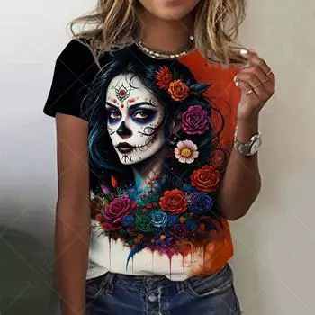 Мексиканская женская футболка «День мертвых» с 3D принтом «Роза Катрина Богиня» и круглым вырезом, футболки с короткими рукавами, уличная одежда Y2k, одежда для девочек S