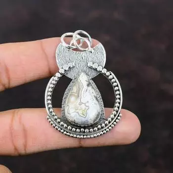 Мексиканский кружевной агатовый кулон из лагуны, подвеска из стерлингового серебра 925 пробы, ювелирные изделия ручной работы в стиле бохо, замечательный кулон с драгоценными камнями, подарок для мамы, дизайнерский кулон