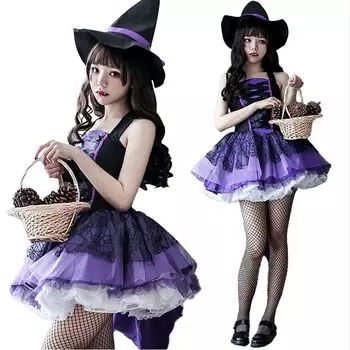 MEYOIJK Halloween Witch Cosplay Costume for Adult Grim Sexy Gothic Lolita Dress with Tailcoat and Purple Mini Includes Hat and Tattoo Perfect for and фиолетовый