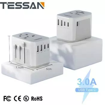 Международный адаптер TESSAN с портами USB A и Type C, настенное зарядное устройство для всех стран мира для США, ЕС, Великобритании, Австралии, США