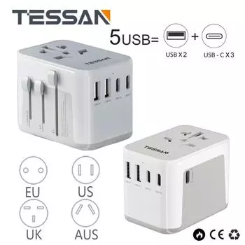 Международный дорожный адаптер TESSAN с 2 адаптерами USB 3 типа C для быстрой зарядки с вилкой ЕС, Австралии, США и Великобритании для универсального адаптера для путешествий