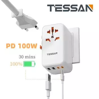 Международный универсальный дорожный адаптер TESSAN 65 Вт/100 Вт с адаптером быстрой зарядки USB Type-C, вилка ЕС/Великобритании/США/Австралии для путешествий