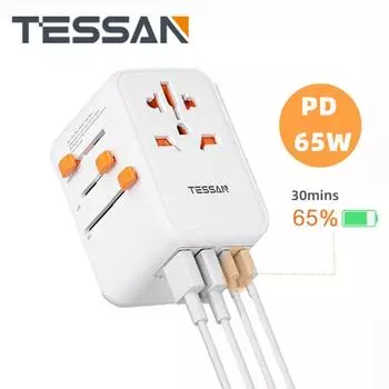 Международный универсальный дорожный адаптер TESSAN 65 Вт/100 Вт с адаптером питания для быстрой зарядки USB Type-C, вилка ЕС/Великобритании/США/Австралии для путешествий