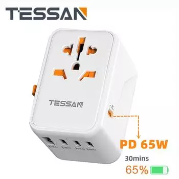 Международный универсальный дорожный адаптер TESSAN 65 Вт с USB-портами, адаптер питания типа C, быстрое зарядное устройство, вилка стандарта ЕС/Великобритании/США/Австралии для путешествий