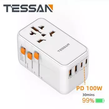 Международный универсальный дорожный адаптер TESSAN с USB и адаптером питания типа C, 100 Вт, быстрая зарядка, вилка стандарта ЕС/Великобритании/США/Австралии для путешествий 65W 2 Type-C &18W 2USB-A белый