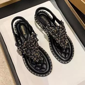 Mezzanine sandals female summer fairy wind 2025 new fashion rhinestone lady flat Roman shoes women s large size women s shoes 35