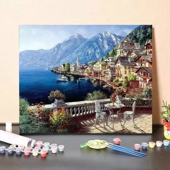 MF461 Цифровая картина маслом, акварель, ручная роспись, пейзаж, станция на берегу озера, цифровой комплект, украшение для гостиной, картина, рождественский подарок