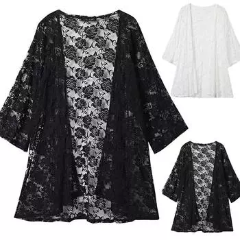 [MG] Женская кружевная рубашка с вышивкой, пляжная солнцезащитная одежда, кардиган L чёрный