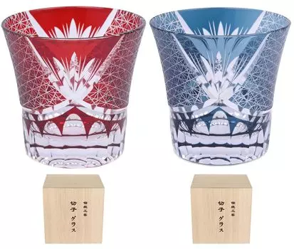 MGOXO Kiriko Glass Sake Glass 260 мл Chrysanthema Tsunagi Pattern Rocks Glass Shochu Glass Retirement Gift Wedding Gift Day Day Pair Gift Kouki Kiju