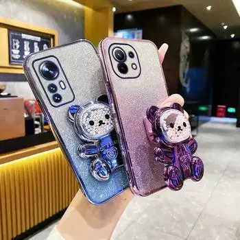 Mi 14Ultra Cute Bear держатель-кронштейн с блестящим покрытием чехол для Xiaomi Mi 14 13 13t 12 Mi 11 lite Mi11t 11t 12t Pro чехол-подставка Xiaomi Mi 13&Case & Holder чёрный