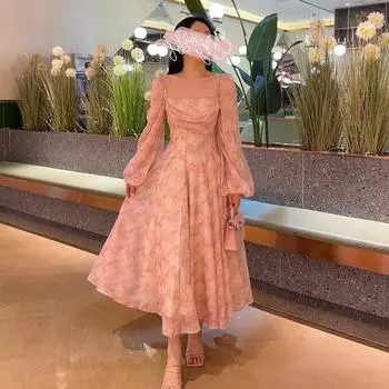 Mi Chun Розовое французское платье в стиле кофе-брейк с принтом и широкой юбкой розового цвета XS