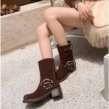 Miao boots frosted leather retro western boots autumn and winter new thick heel polished old medium boots knight boots martin boots 35