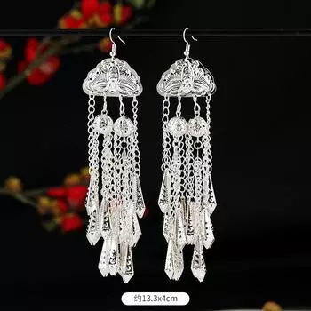 Miao silver fringed earrings retro personality Yunnan Miao exaggerated long bell earrings women s dance earrings