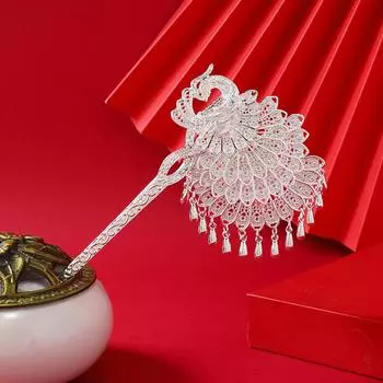 Miao silver peacock fringed hairpin retro enamel phoenix Chinese hairpin hairpin ancient hanfu headdress women