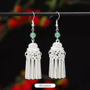 Miao Yin earrings original niche retro Dongling jade earrings long fringed earrings women