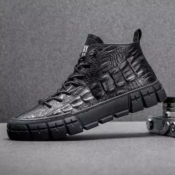 Miaoguan Brand New Men Leather Casual Shoes Cool Casual Sneakers Loafers Crocodile Print Men High Tops Spring Autumn Flat Shoes 39 чёрный