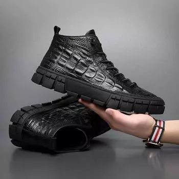 Miaoguan Brand New Men Leather Casual Shoes Cool Casual Sneakers Loafers Crocodile Print Men High Tops Spring Autumn Flat Shoes 39 чёрный