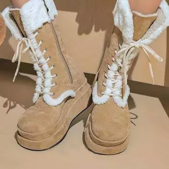 Miaomao Snow Boots для женщин осень-зима новые кремовые толстые на флисовой подкладке теплые средние ботинки для бега Knight 35 хаки