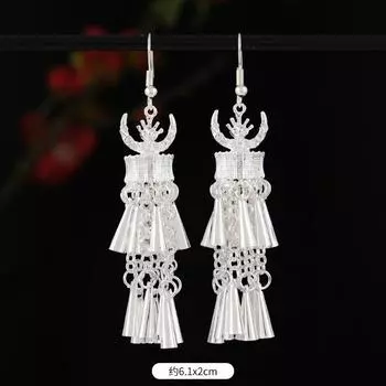 Miaozhai series Miao silver horn earrings retro long bell tassel Yunnan Miao earrings