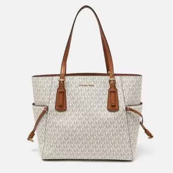 Michael Kors Cream tan Signature Coated Canvas And Leather Voyager Tote beige