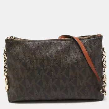 Michael Kors Dark Signature Coated Canvas And Leather Zip Crossbody Bag brown