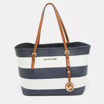 Michael Kors Leather Stripe Jet Set Travel Tote navy