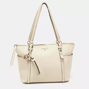 Michael Kors Light Leather Medium Top Zip Jet Set Tote beige