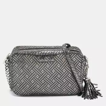 Michael Kors Metallic Textured Leather Ginny Camera Crossbody Bag grey