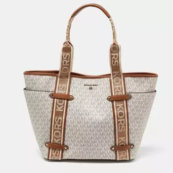 Michael Kors Off tan Signature Coated Canvas And Leather Large Maeve Shopper Tote white