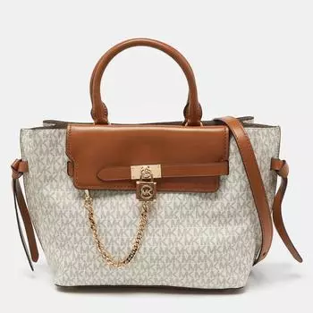 Michael Kors Ванильно-коричневый Signature с покрытием из парусины и кожи Сумка Hamilton Legacy с поясом, белая