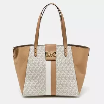 Michael Kors Vanilla tan Siganture холщовая и кожаная сумка-тоут Karlie бежевого цвета