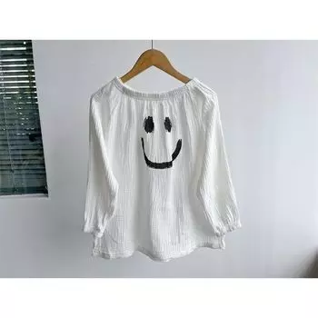 Micro Flaw Fashion Medium Long Sleeves Easiest for Match Loose Double Layer Cotton Yarn Minimalist Comfort and Casual Graffiti Smile Classic Trendy Y8 White M