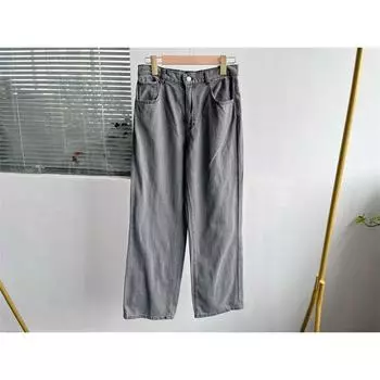 Micro Flaw K-style High Waist Denim Summer Pure Color Slimming Versatile Fashion Pants Simple Straight Leisure Commute Y6 Dark gray S