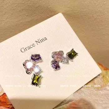 Micro-Inlaid Geometric Fancy Unique Best Selling Female Barbie Geometric colored zirconium stud earrings