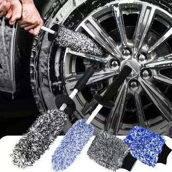Перчатки для мытья автомобиля из микрофибры, щетка для мытья колес с пластиковой ручкой, двухсторонняя впитывающая перчатка для мытья автомобиля