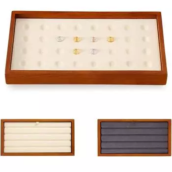 Microfiber Valet Flat Jewelry Tray Solid Wood Beads Storage Board Jewelry Organizer Rings White-Round