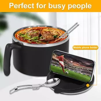 Microwave Ramen Bowl with Lid 1200ml Ramen Cooker Bowl Stainless Steel Liner Microwave Ramen Cooker with Handle Chopstick Spoon чёрный