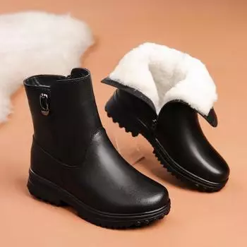 Женские туфли из натуральной кожи на молнии и хлопка для женщин среднего и пожилого возраста. Теплые зимние ботинки для мам с флисовой подкладкой длиной до середины голени. 35