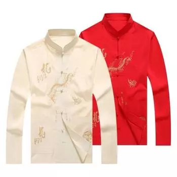 Мужская рубашка среднего возраста, рубашка в китайском стиле с рисунком дракона, воротник-стойка, карманы с длинными рукавами, одинарные M темно-синий